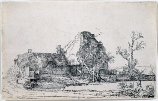 Rembrandt van Rijn etching for sale / ets te koop / gravure a vendre - Cottage and farm buildings with a man sketching, c. 1645 kf