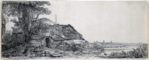 Rembrandt van Rijn etching for sale / ets te koop / gravure a vendre - Landscape with a cottage and a large tree, 1641