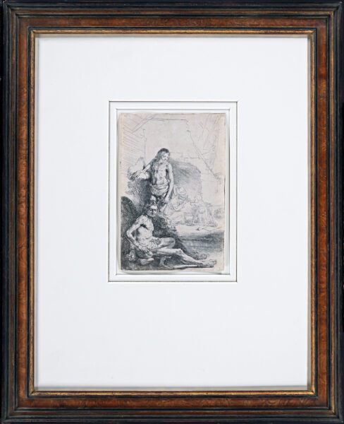 Rembrandt van Rijn etching for sale / ets te koop / gravure a vendre - Male Nude, seated and standing ( Het Rolwagentje), c. 1646 [CM26-KF] f