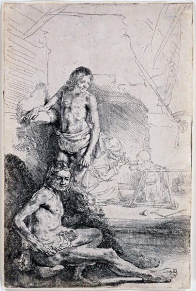 Rembrandt van Rijn etching for sale / ets te koop / gravure a vendre - Male Nude, seated and standing ( Het Rolwagentje), c. 1646 [CM26-KF]
