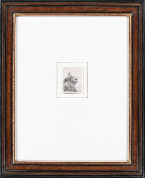Rembrandt van Rijn etching for sale / ets te koop / gravure a vendre - Bald headed man in profile right; small bust, the artist's father, 1630 framed