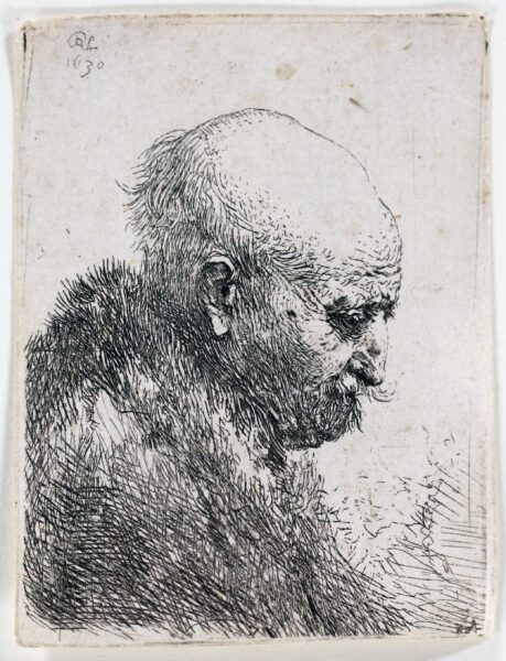 Rembrandt van Rijn etching for sale / ets te koop / gravure a vendre - Bald headed man in profile right; small bust, the artist's father, 1630 kf