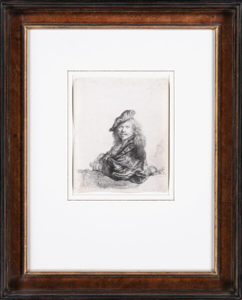 Rembrandt van Rijn etching for sale / ets te koop / gravure a vendre - Self-portrait leaning on a stone sill, 1639 (framed)