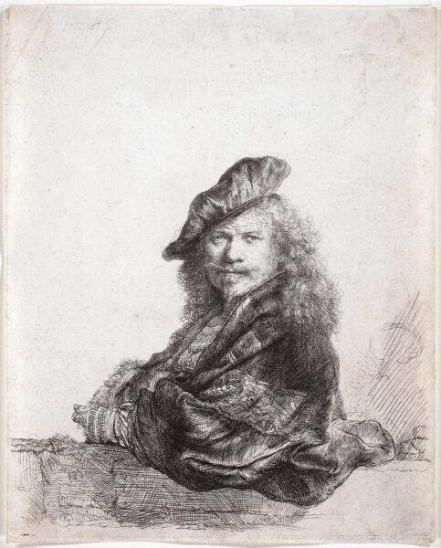 Rembrandt van Rijn etching for sale / ets te koop / gravure a vendre - Self-portrait leaning on a stone sill, 1639 (kf)