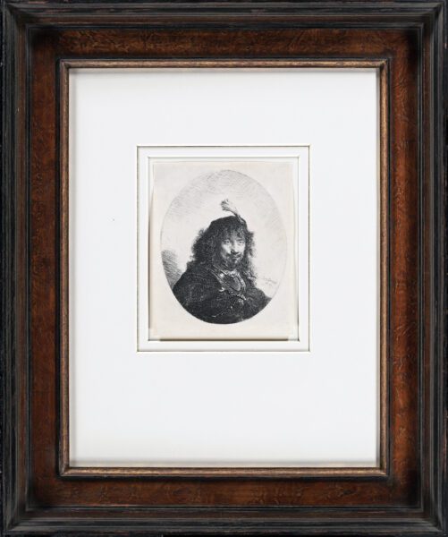 Rembrandt van Rijn etching for sale / ets te koop / gravure a vendre - Self-portrait with plumed cap and lowered sabre, 1634 frame