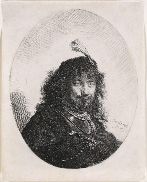 Rembrandt van Rijn etching for sale / ets te koop / gravure a vendre - Self-portrait with plumed cap and lowered sabre, 1634 (kf)
