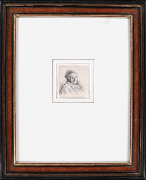 Rembrandt van Rijn etching for sale / ets te koop / gravure a vendre - The Artist’s Mother, Head and Bust; Three quarters right, 1628 (framed)