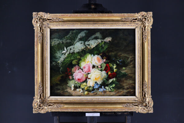 Simon Saint-Jean painting for sale / tableaux a vendre / schilderij te koop - A Bouquet of Roses, Daisies and Violets with a Butterfly on a Mossy bank 2
