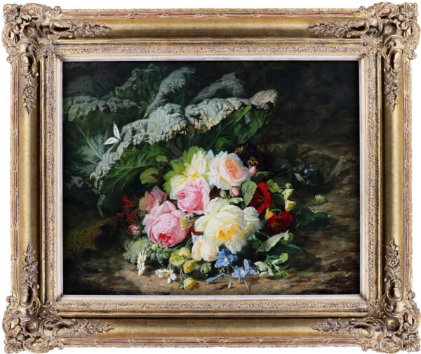Simon Saint-Jean painting for sale / tableaux a vendre / schilderij te koop - A Bouquet of Roses, Daisies and Violets with a Butterfly on a Mossy bank 1