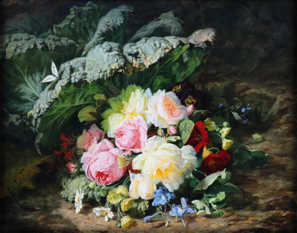 Simon Saint-Jean painting for sale / tableaux a vendre / schilderij te koop - A Bouquet of Roses, Daisies and Violets with a Butterfly on a Mossy bank kf