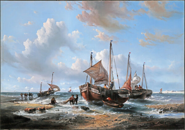 Francois-Etienne Musin a vendre for sale peinture - Coastal scene with fisherfolk and fishing boats unloading