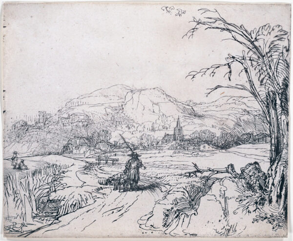 Rembrandt van Rijn etching for sale / ets te koop / gravure a vendre - Landscape with sportsman and dogs (‘Het Jagertje’), c. 1648 f
