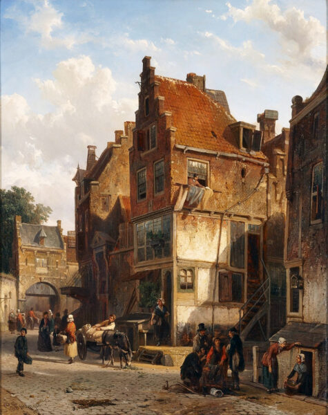 Cornelis Springer schilderij te koop / a vendre / painting for sale - Daily activities in a sunlit village
