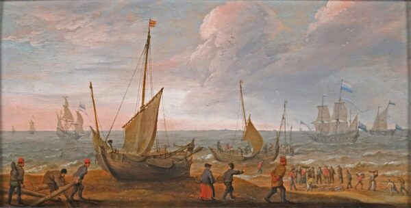 Adam Willaerts Old master painting Marine for sale / tableaux a vendre - Coastal scene with lively fishermen on shore