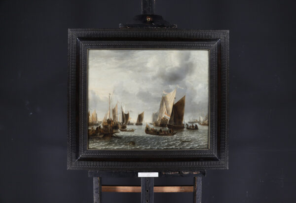 Jan van de Cappelle Old master painting schilderij - A Disembarkation on a River, c. 1655 framed