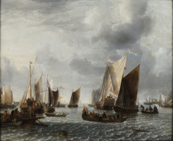 Jan van de Cappelle Old master painting schilderij - A Disembarkation on a River, c. 1655 kf