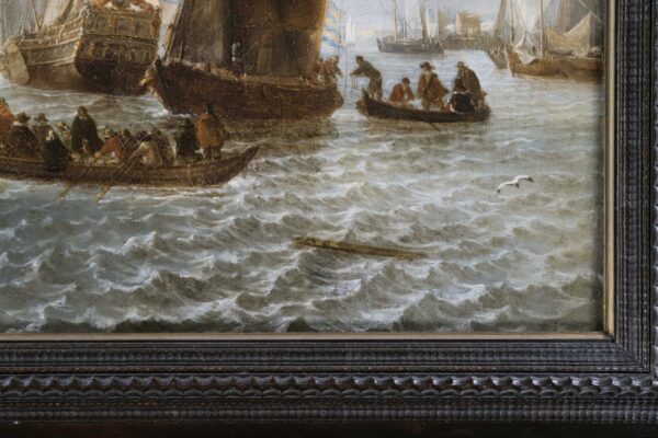 Jan van de Cappelle Old master painting schilderij - A Disembarkation on a River, c. 1655 signature