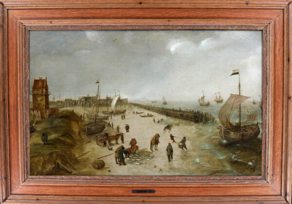Cornelis Verbeeck marine Old Master painting schilderij - The Beach at Petten with the ‘Hondsbossche Zeewering’, c. 1625 framed