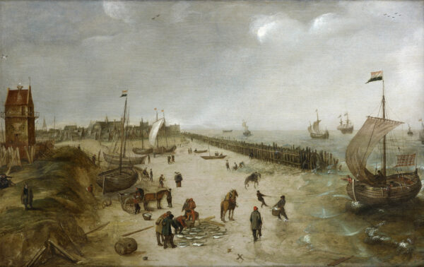 Cornelis Verbeeck marine Old Master painting schilderij - The Beach at Petten with the ‘Hondsbossche Zeewering’, c. 1625 kf