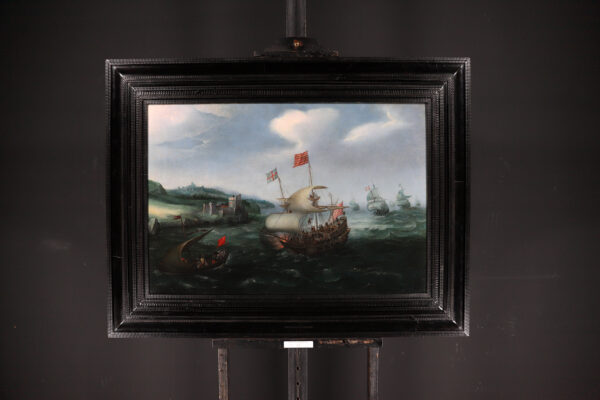 Hendrick Cornelisz. Vroom Marine Old Master painting schilderij - A Disembarkation off the Coast of Dover, c. 1615