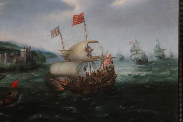 Hendrick Cornelisz. Vroom Marine Old Master painting schilderij - A Disembarkation off the Coast of Dover, c. 1615 detail 2