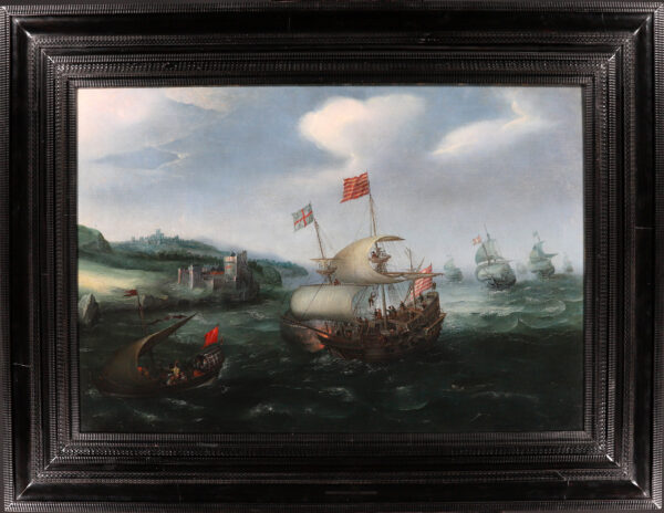 Hendrick Cornelisz. Vroom Marine Old Master painting schilderij - A Disembarkation off the Coast of Dover, c. 1615 framed
