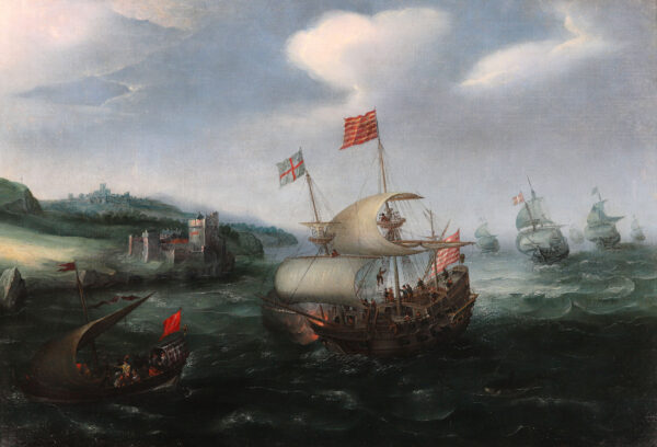 Hendrick Cornelisz. Vroom Marine Old Master painting schilderij - A Disembarkation off the Coast of Dover, c. 1615 kf