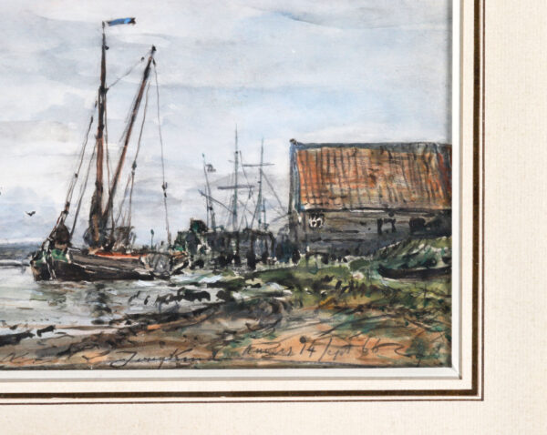 Johan Barthold Jongkind watercolour for sale / aquarel te koop / aquarel a vendre - Boats on the river Scheldt near Antwerp, 1866 signature