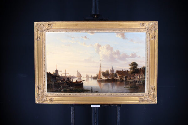 Everhardus Koster schilderij te koop / painting for sale - River landscape near Overschie at sunset framed