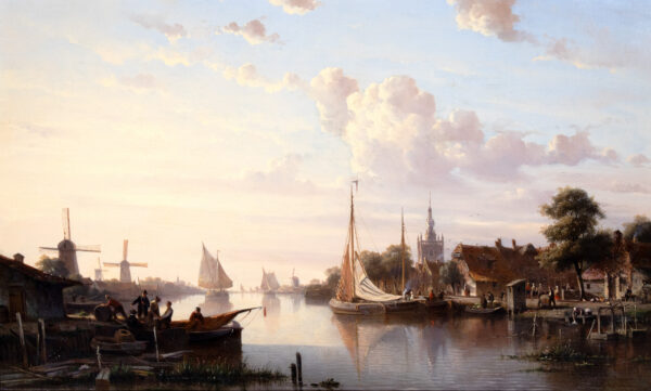 Everhardus Koster schilderij te koop / painting for sale - River landscape near Overschie at sunset kf