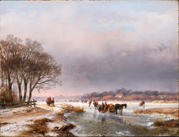 Andreas Schelfhout painting for sale / schilderij te koop / tableaux a vendre - A winter landscape with skaters and a horse-drawn sledge on the ice, 1858