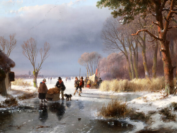 Andreas Schelfhout painting for sale / schilderij te koop / tableaux a vendre - A wooded winter landscape with figures on and along a frozen river, 1856 (detail 1)