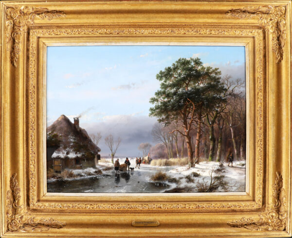 Andreas Schelfhout painting for sale / schilderij te koop / tableaux a vendre - A wooded winter landscape with figures on and along a frozen river, 1856 (framed)