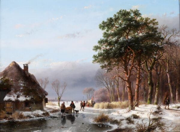 Andreas Schelfhout painting for sale / schilderij te koop / tableaux a vendre - A wooded winter landscape with figures on and along a frozen river, 1856 (kf)