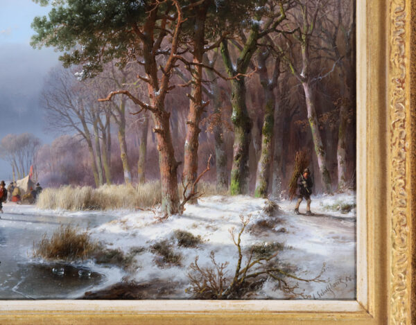 Andreas Schelfhout painting for sale / schilderij te koop / tableaux a vendre - A wooded winter landscape with figures on and along a frozen river, 1856 (detail 2)