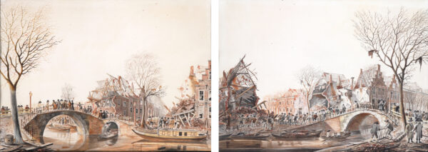 Andreas Schelfhout aquarel Leids buskruitramp / watercolour for sale - The Leiden Gunpowder Disaster, 1807 (pendant)