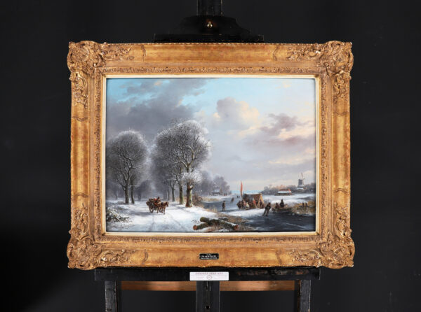 Jacobus van der Stok painting for sale / schilderij te koop - A Winter landscape in a forest with a 'Koek and Zopie’ tent on the ice, 1852