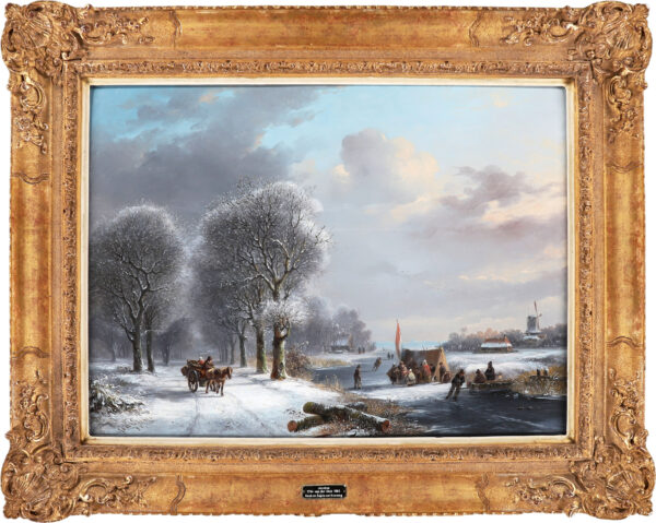 Jacobus van der Stok painting for sale / schilderij te koop - A Winter landscape in a forest with a 'Koek and Zopie’ tent on the ice, 1852 framed