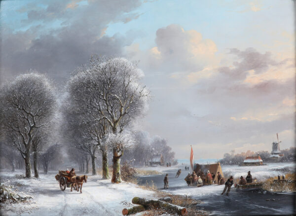Jacobus van der Stok painting for sale / schilderij te koop - A Winter landscape in a forest with a 'Koek and Zopie’ tent on the ice, 1852 kf